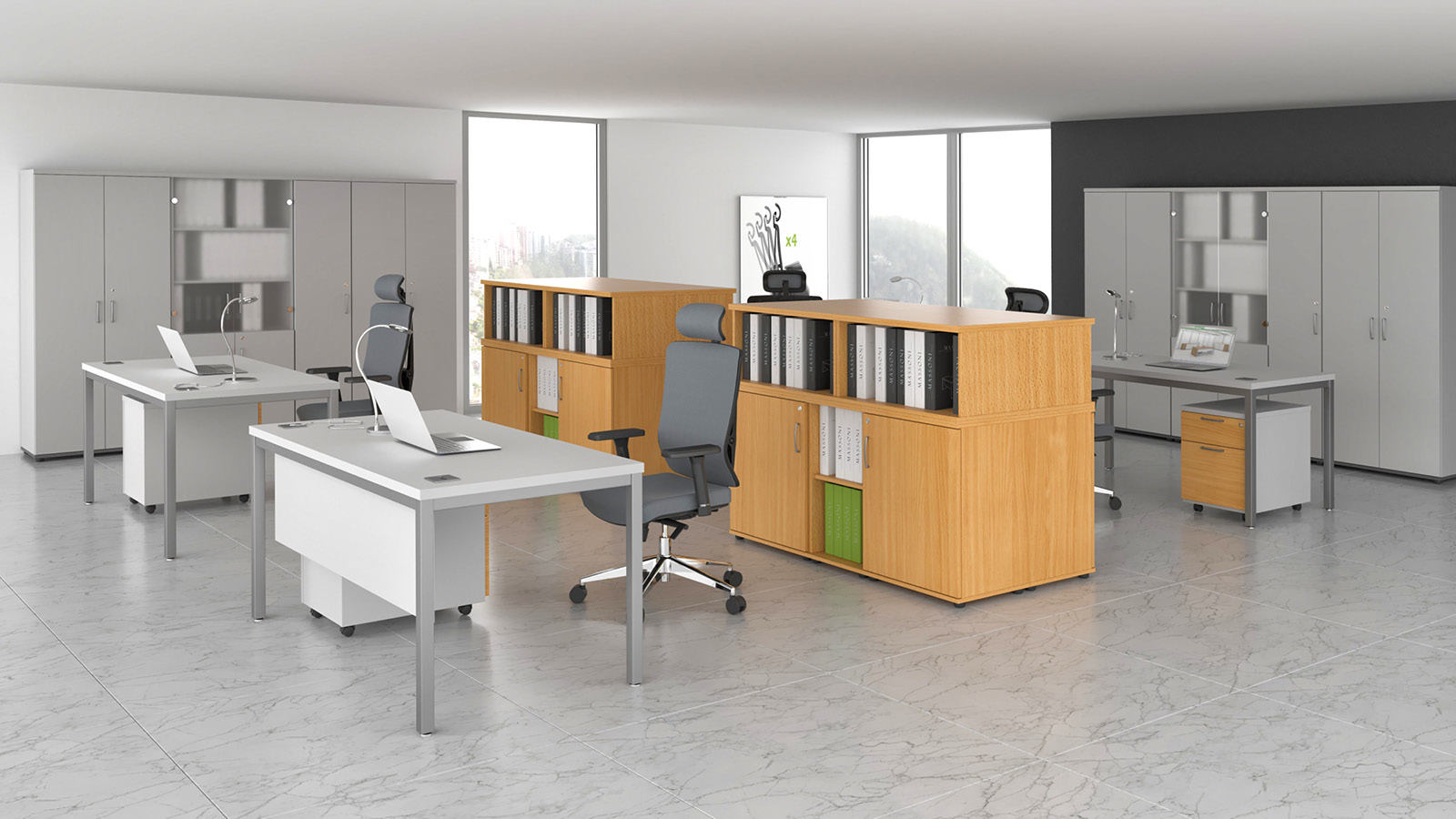 Przestrzeń biurowa wyposażona w wysokie, białe szafy aktowe oraz niskie szafy bukowe. Obok ustawiono biurka na stelażach.